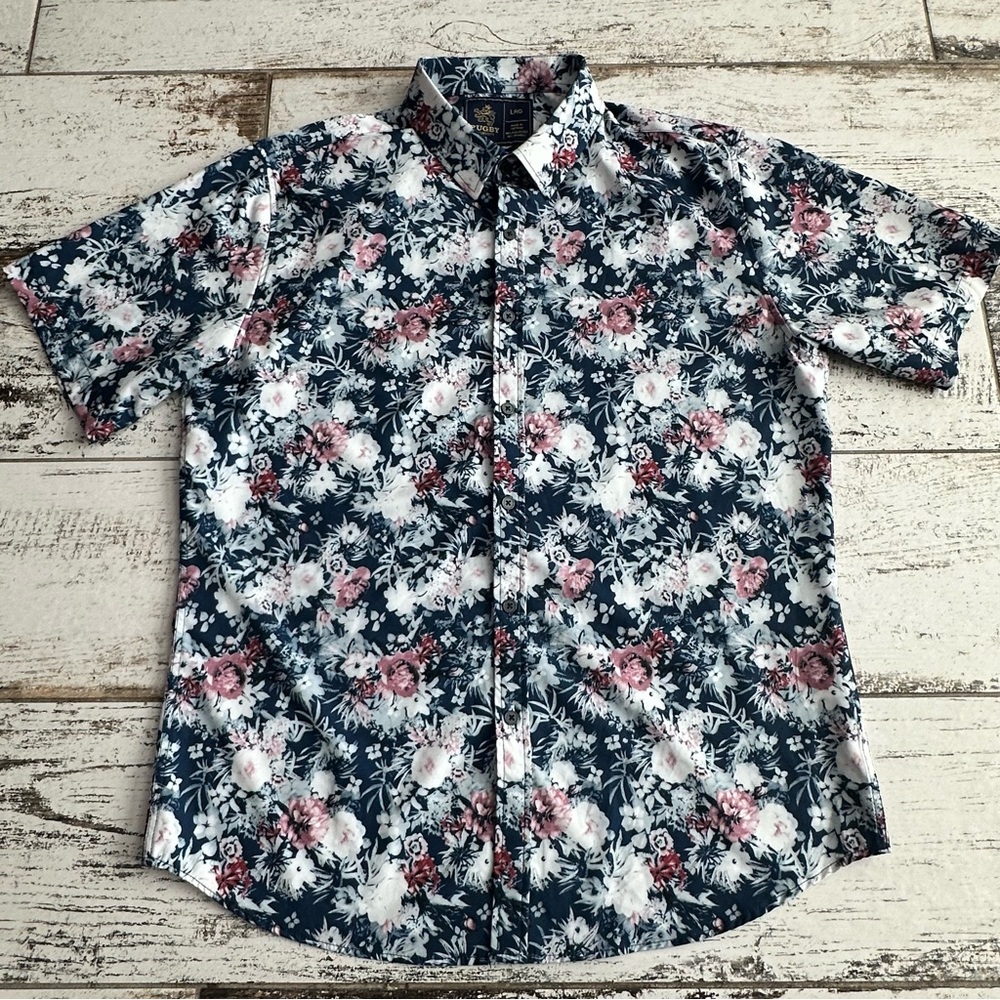 Rugby Universit Mens Shirt Hawaii Floral Button Down Stretch Short Sleeve Sz- L